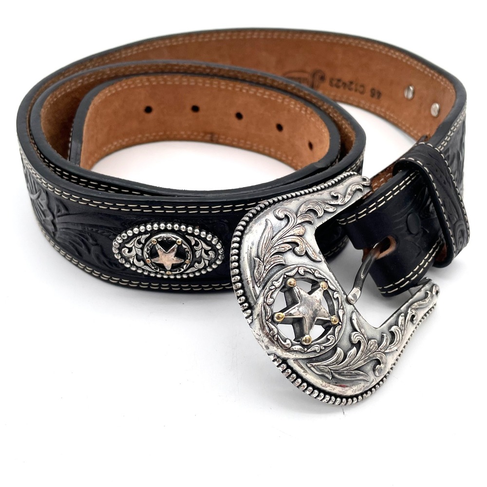 Justin Belt Leather Men 46 Black Good Vintage Western Embossed Star C12423